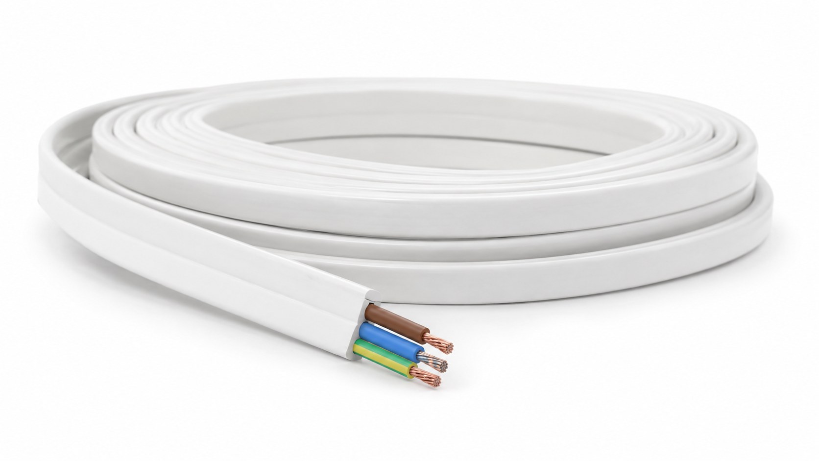 TPS Twin and Earth electrical cable coiled showing flat profile with brown active blue neutral and green-yellow earth conductors exposed at cut end