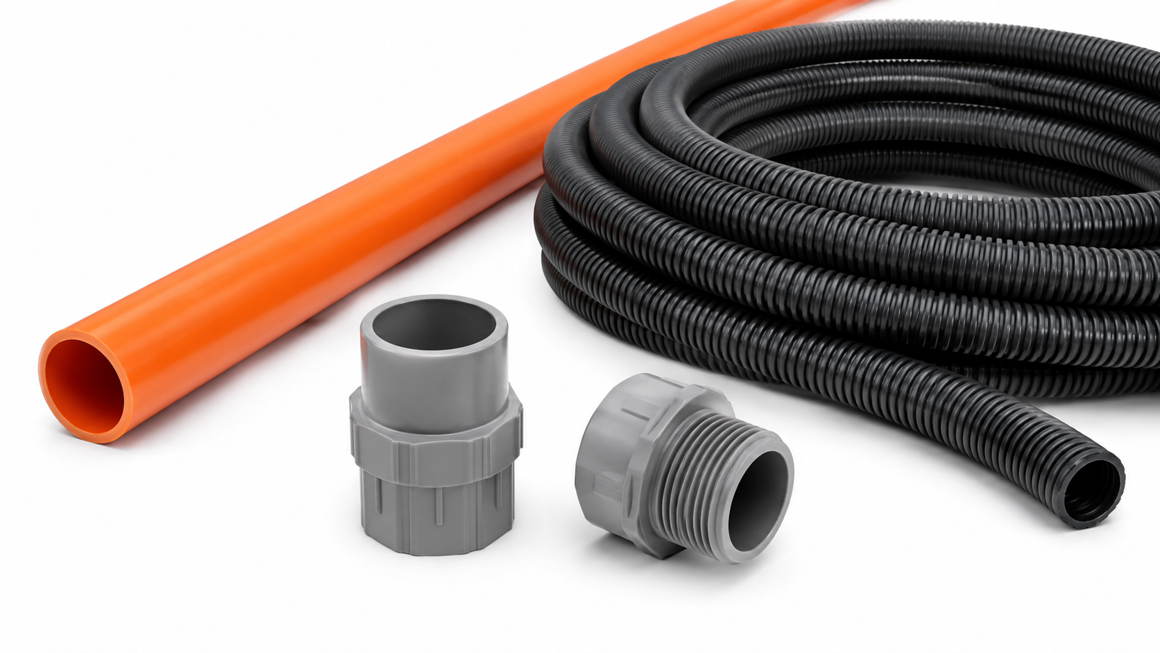 Orange NBN lead-in rigid PVC conduit alongside black corrugated nylon PA6 flexible conduit with plain-to-screwed adaptors for Australian NBN installation