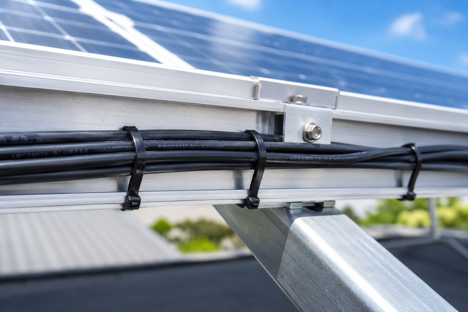 UV-resistant black solar cable ties securing DC cables on Australian rooftop solar installation