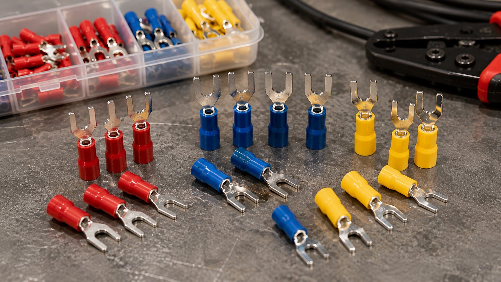 Red, blue and yellow insulated forked spade terminals arranged on a workbench, showing fork tips and colour-coded barrels