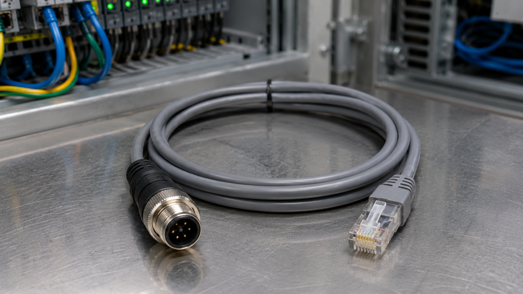 Grey M12 to RJ45 industrial ethernet cordset coiled in a control cabinet