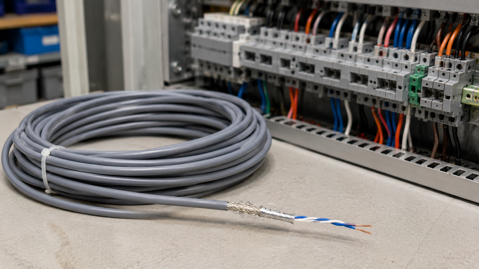 Grey RS-485 cable coil beside a BMS terminal block panel