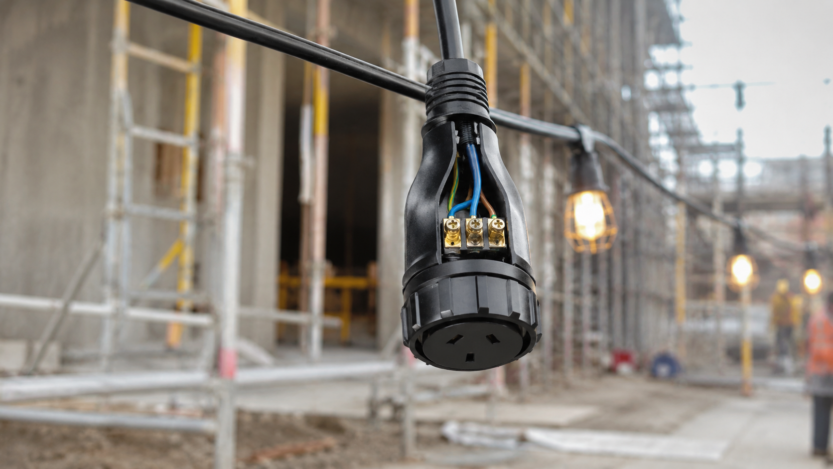 Impact-rated pendant socket outlet wired to a flying lead on a construction site