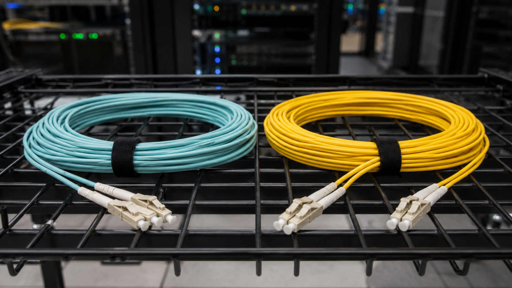 Aqua multimode and yellow singlemode fibre optic cable coils in a comms cabinet