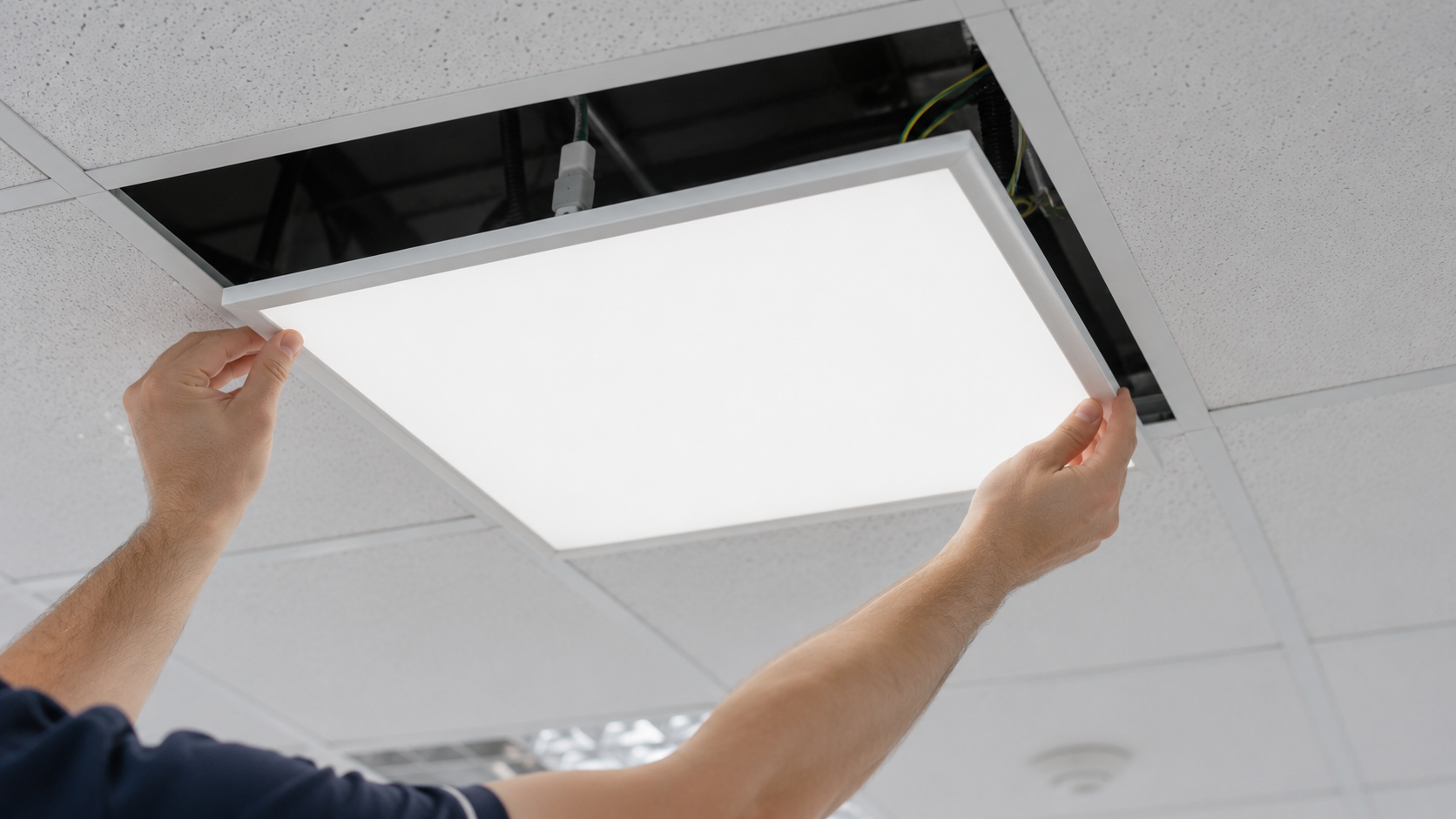 Electrician fitting an LED panel into a suspended ceiling grid opening