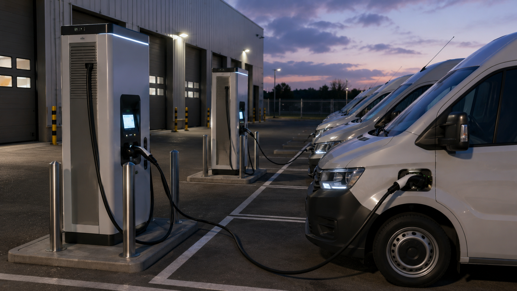 Commercial DC fast EV chargers installed at a fleet depot charging delivery vans