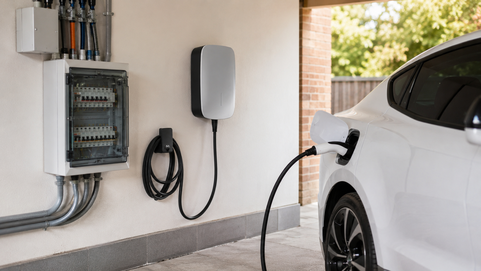 Wall-mounted three-phase AC EV charger in a home garage with cable connected to an electric vehicle