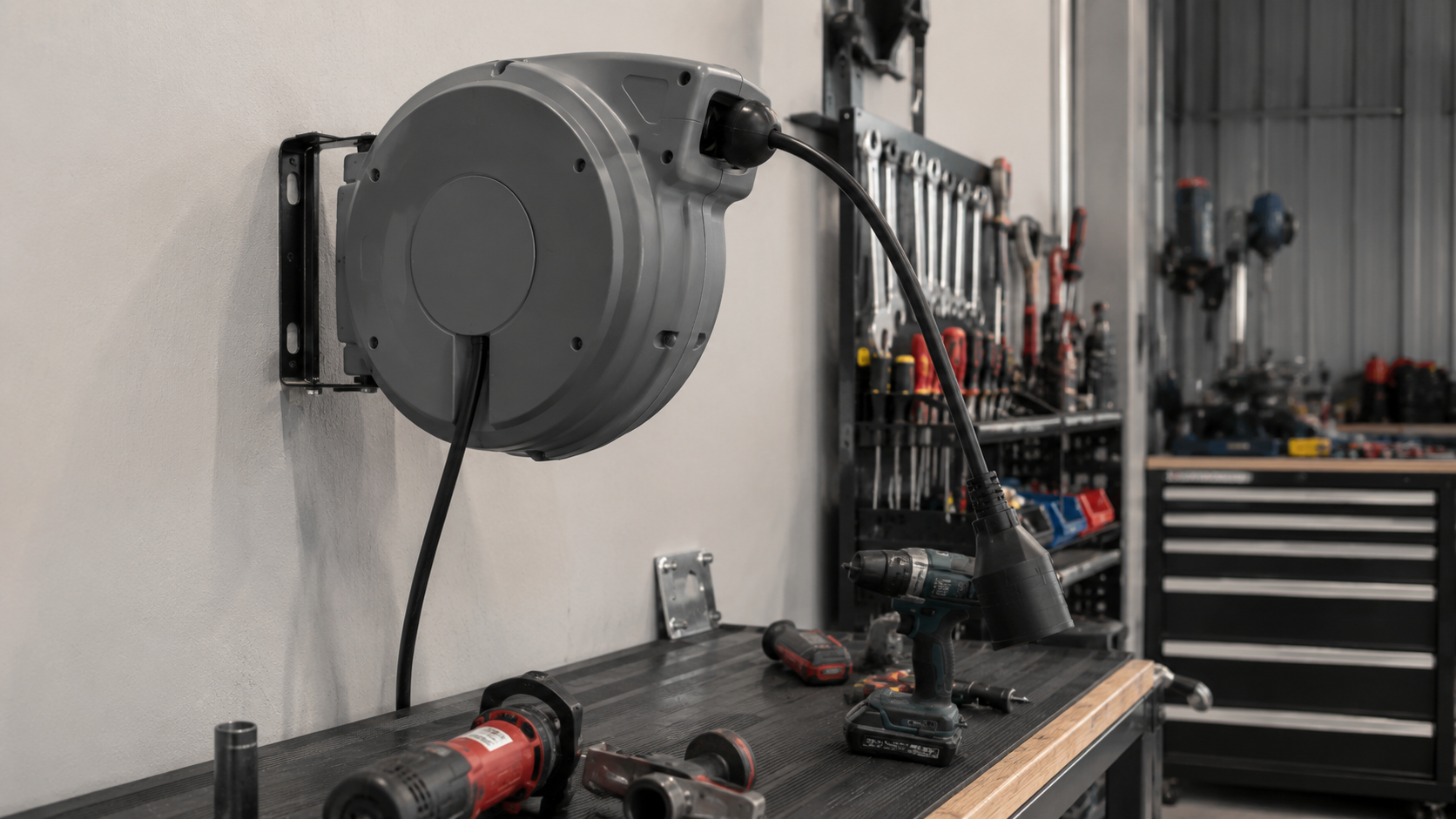 Auto-rewind cable reel mounted above a workshop bench with cable extended