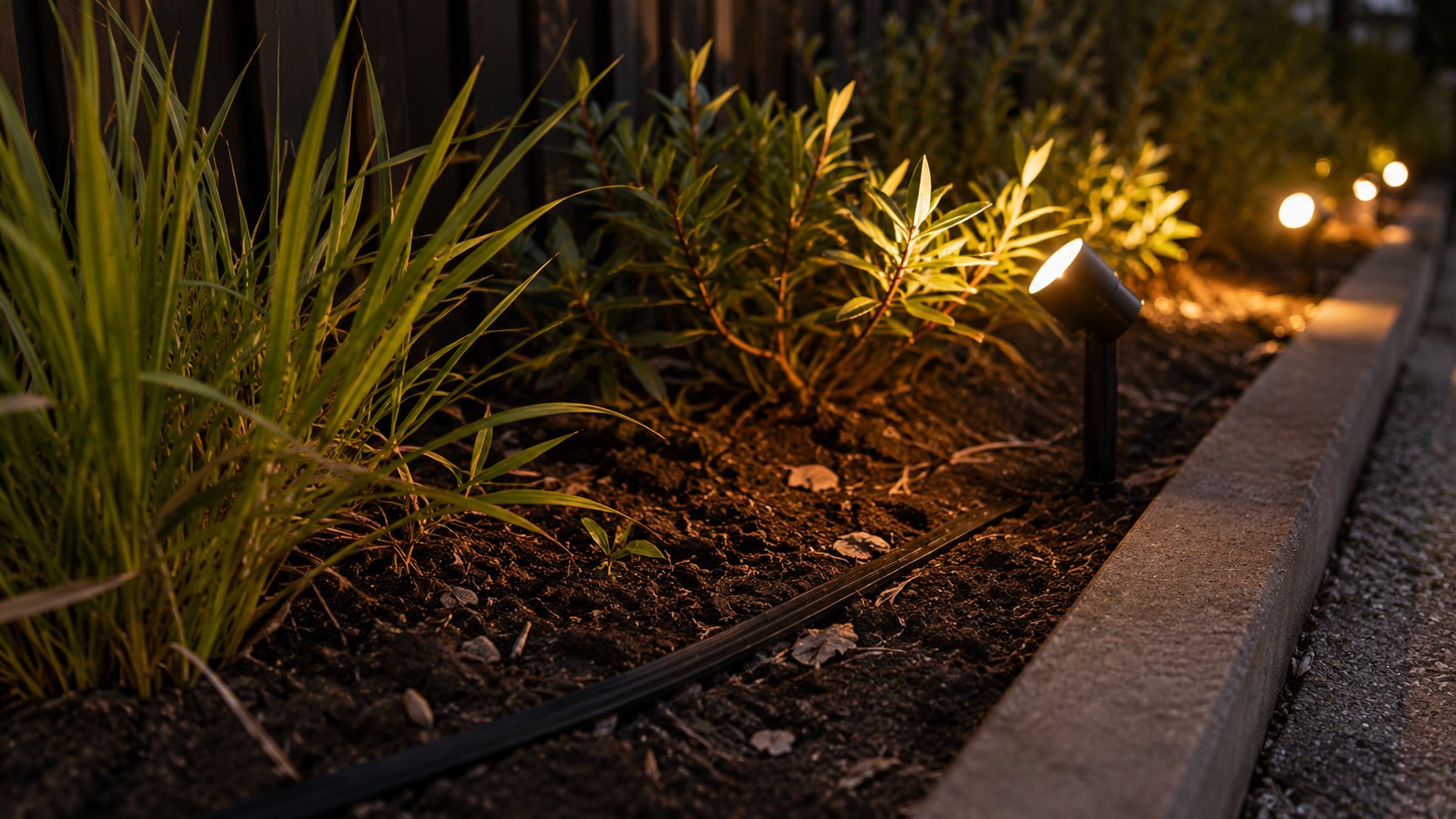 Black 12V low voltage garden lighting cable running along a garden bed edge toward path lights in an Australian backyard