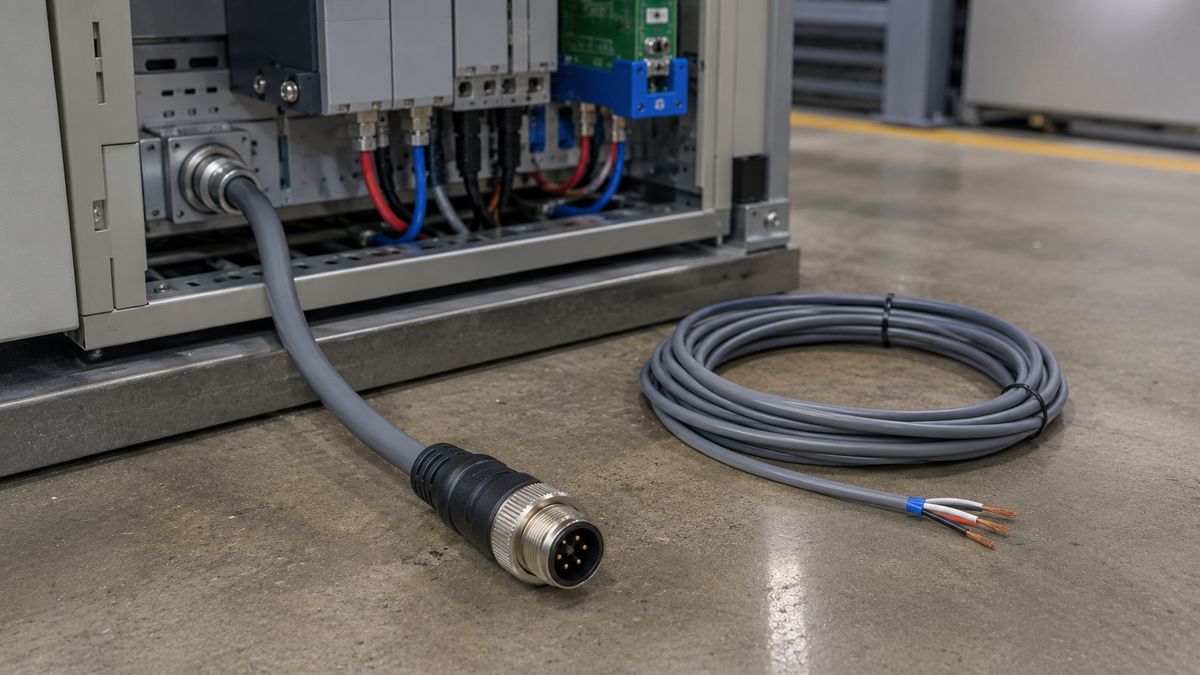 Grey DeviceNet trunk cable with IP67 sealed connector on a factory floor