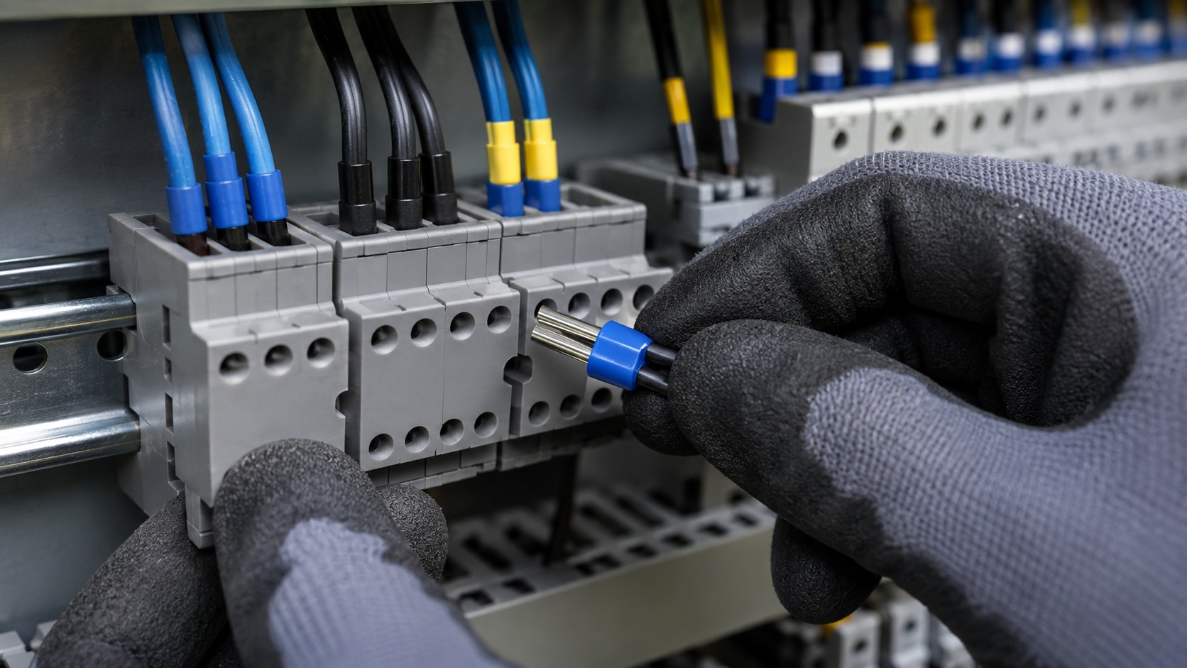 Electrician inserting twin bootlace ferrule into terminal block inside electrical switchboard panel