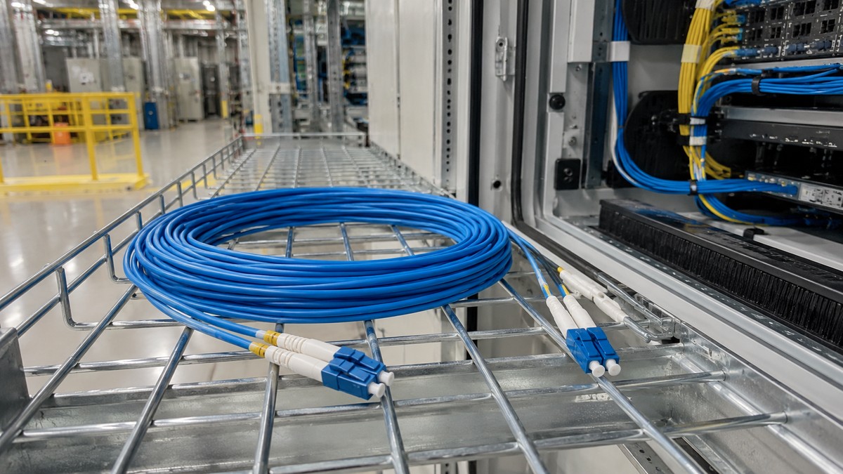 Blue LC-LC pre-terminated fibre optic cable assembly coiled beside a network cabinet