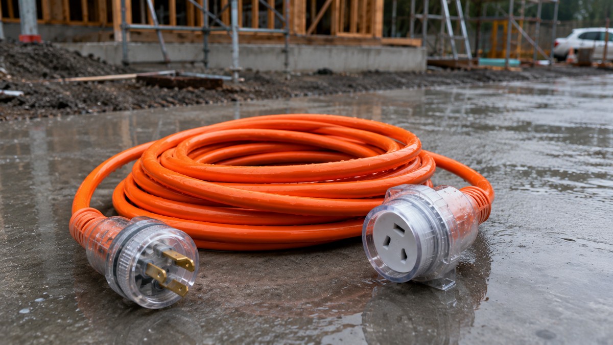 High-visibility IP66-rated outdoor extension lead coiled on a wet job site