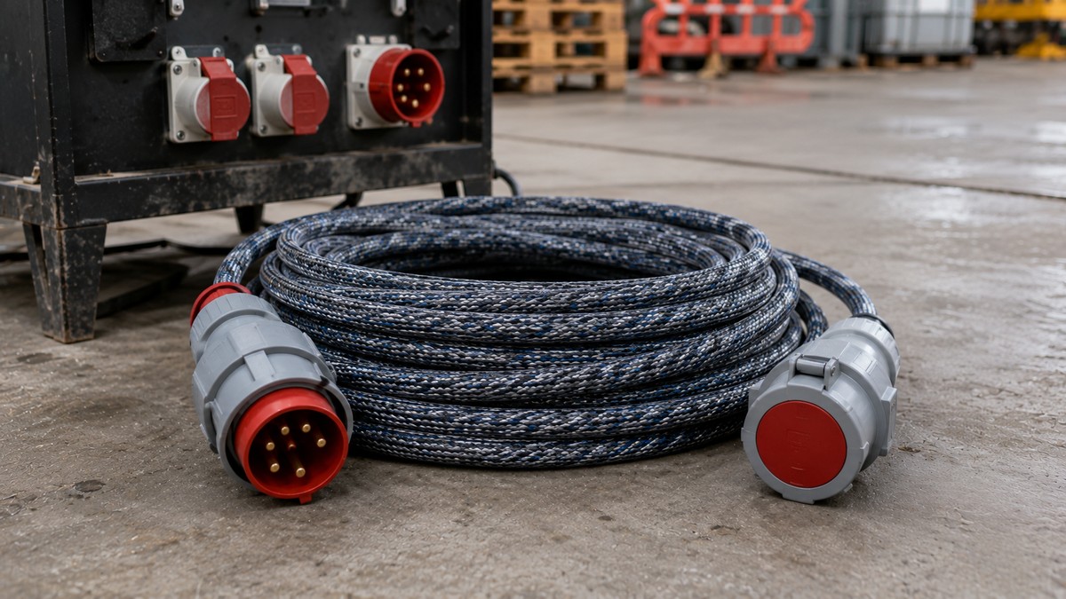 Heavy-duty 3-phase extension lead with 5-pin CEE plug on an industrial site