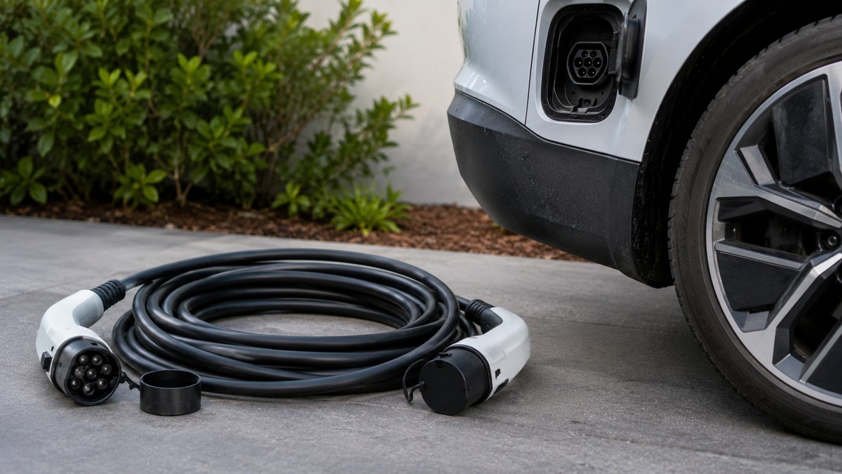 Portable Type 2 EV charging cable coiled beside a car's charging port