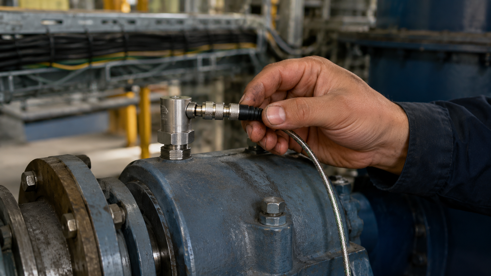 Technician connecting armoured accelerometer cable to bearing sensor