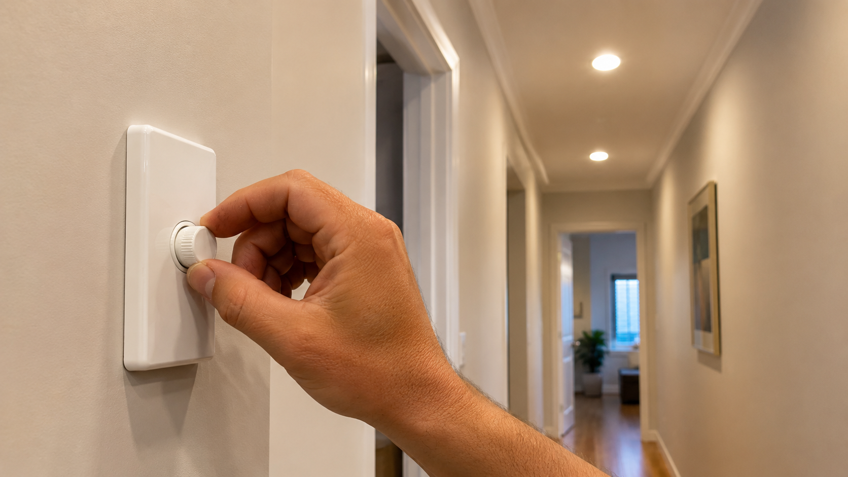 Electrician adjusting a trailing edge dimmer switch beside retrofitted LED downlights
