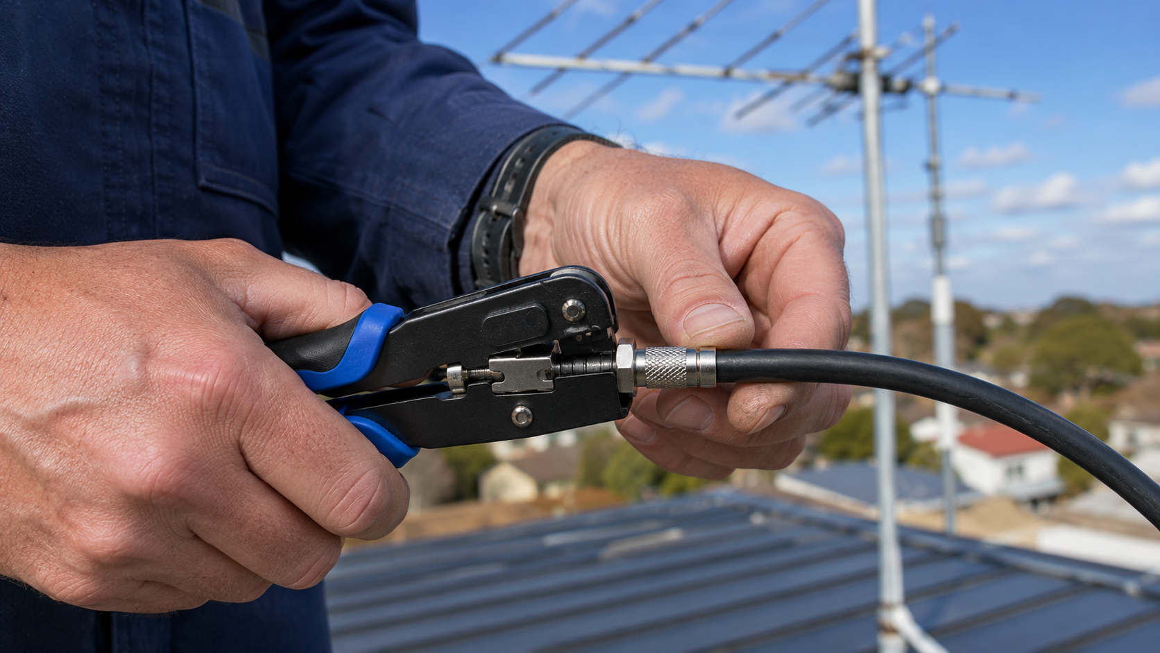 Compression tool fitting an F type connector onto RG6 coax for a rooftop antenna run