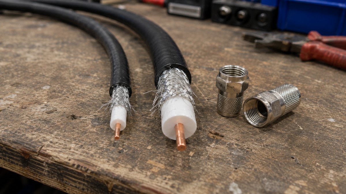 RG6 and RG11 coaxial cable thickness compared on a workbench