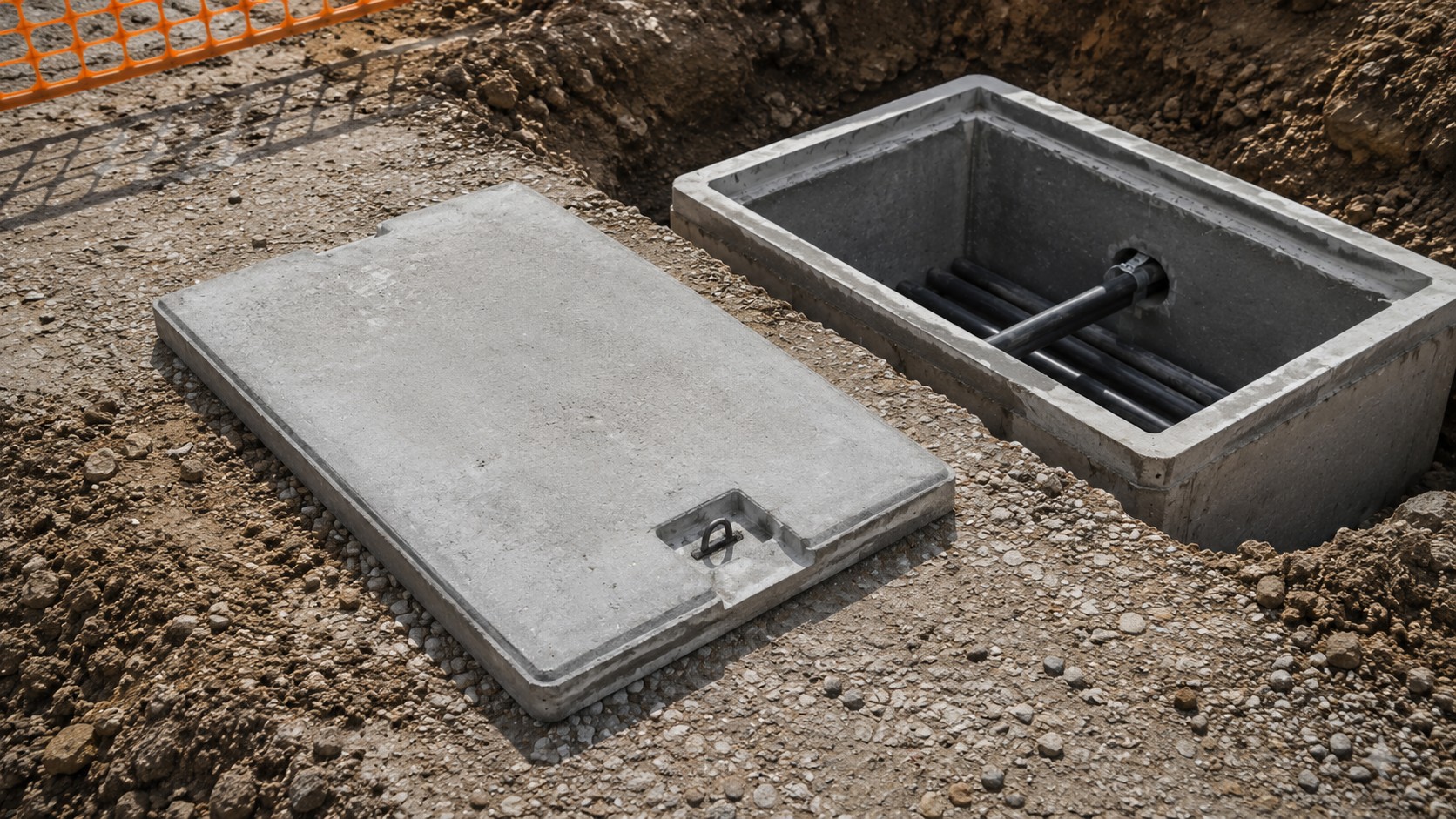 Grey concrete communications pit lid beside an open underground pit on site