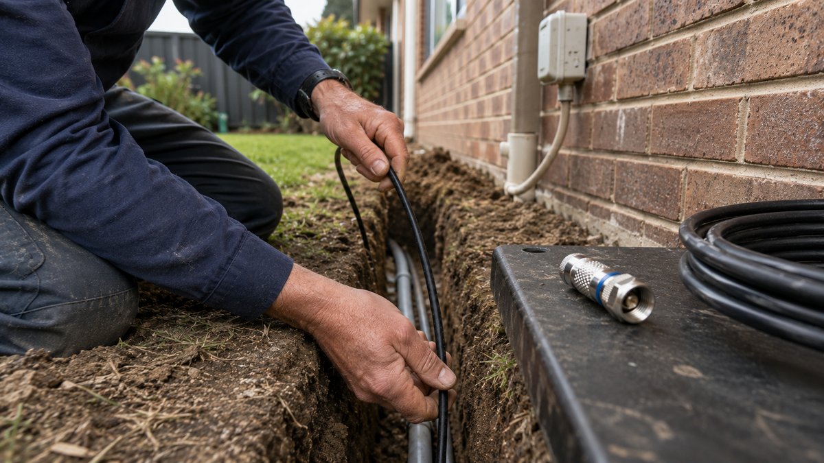 Technician running flooded RG6 coax cable through underground conduit outdoors
