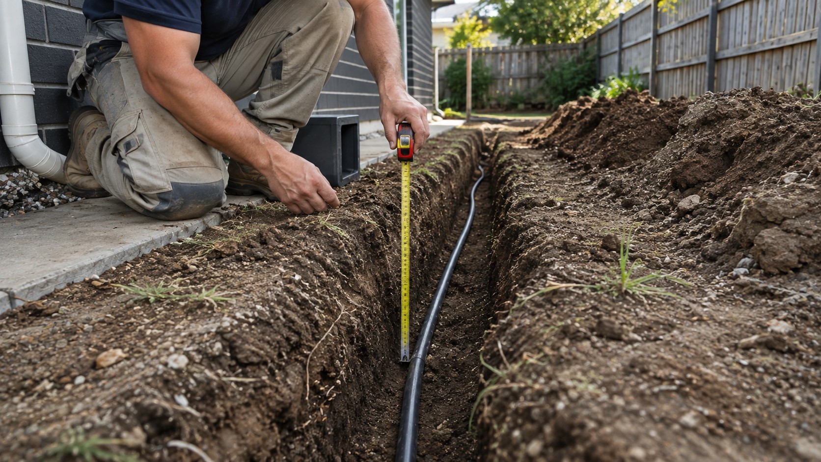 Contractor measuring trench depth before laying underground electrical cable