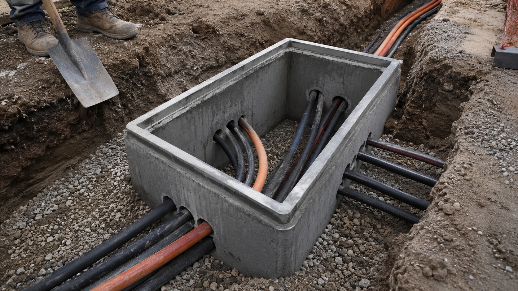 Underground cable pit installed at a cable direction change on a job site