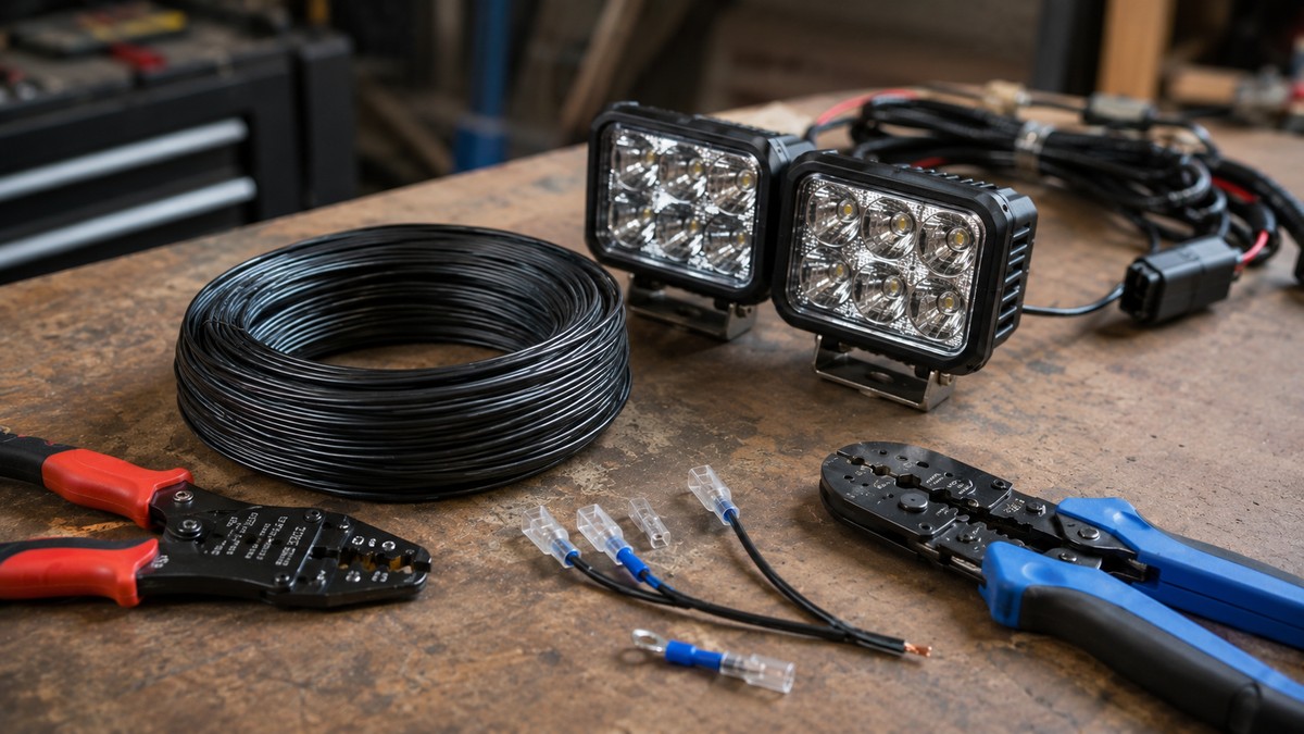 Black automotive single-core cable coil beside LED driving lights on a workbench