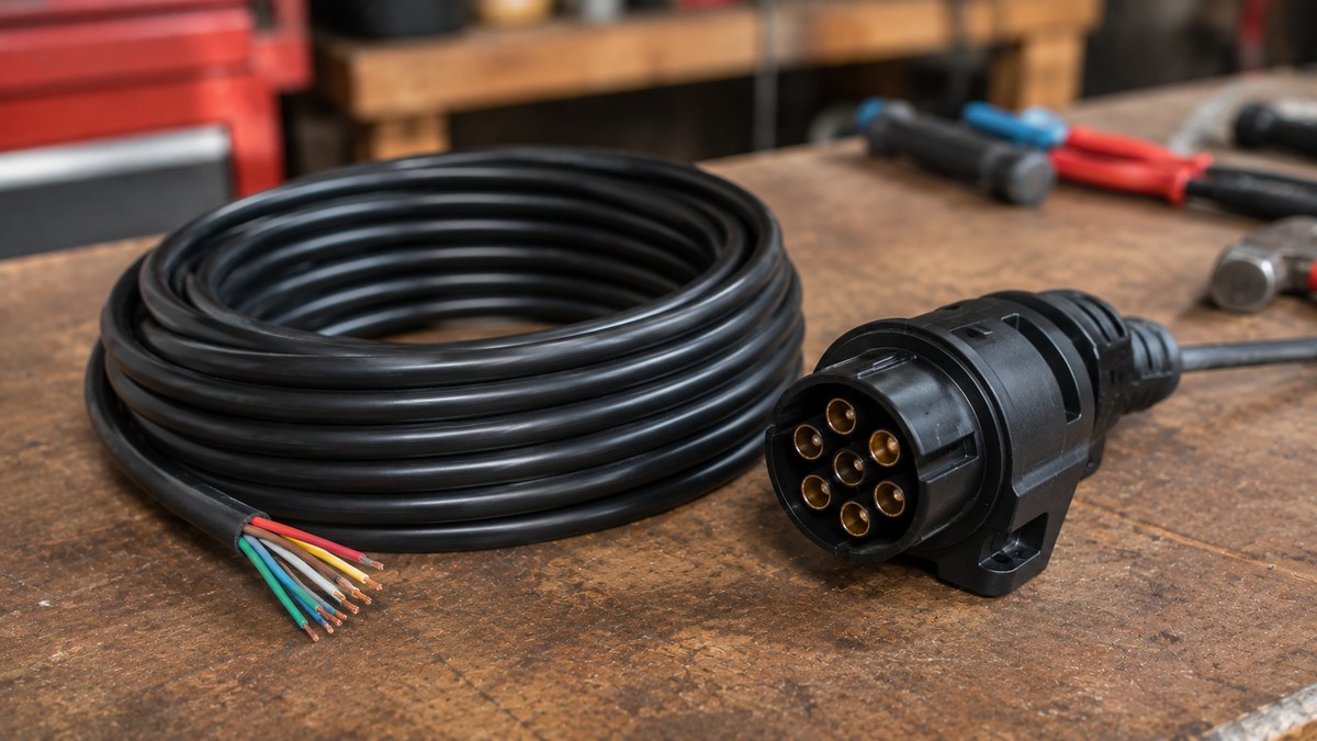 FLRYY 7 core trailer wire beside a 7-pin trailer plug on a workbench