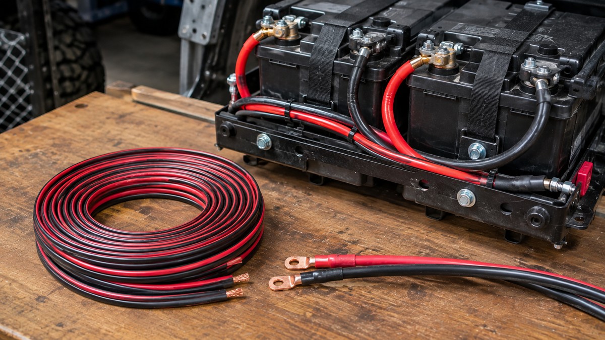 Red and black automotive twin core cable coiled beside a 4WD dual battery setup