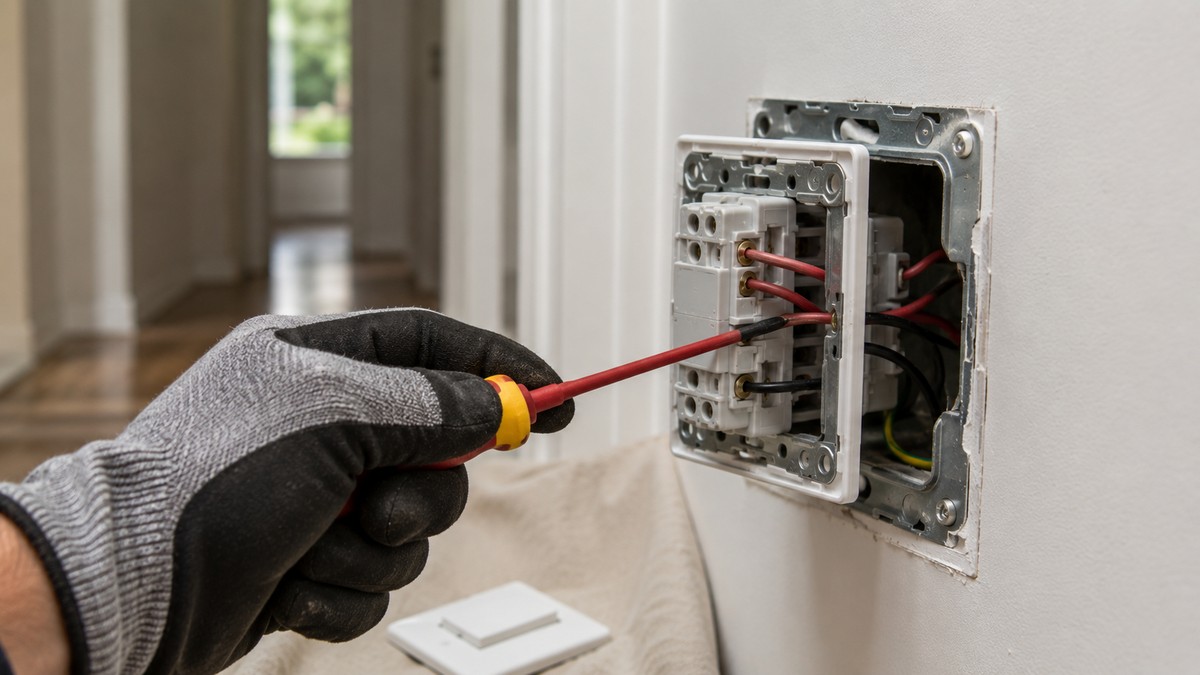 Electrician wiring an intermediate switch mechanism with traveller terminals exposed