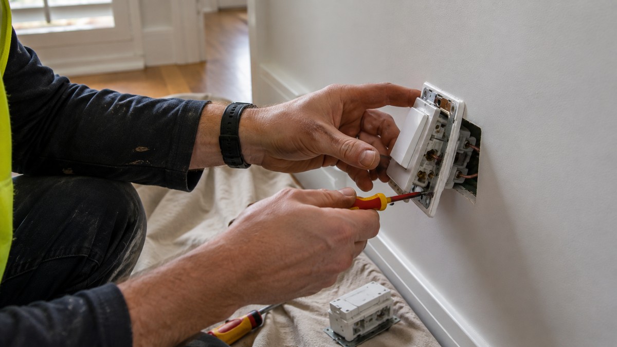 Electrician fitting a replacement switch mechanism into an existing wall plate
