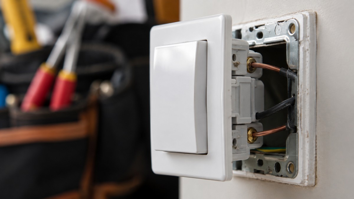 White switch mechanism installed in wall plate showing rocker and rear terminal wiring detail