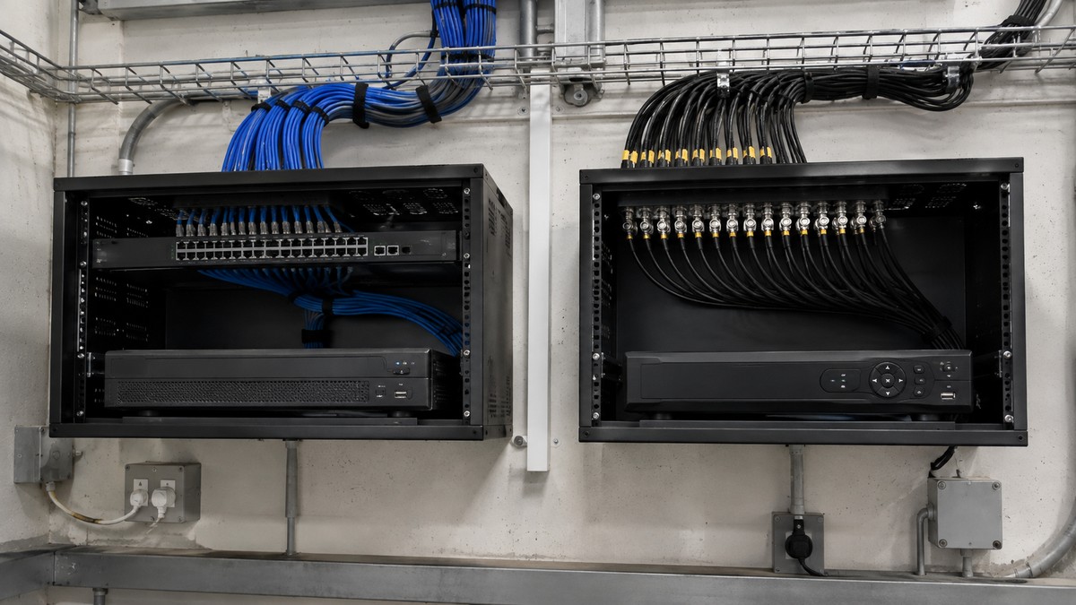 Wall-mounted PoE NVR beside a coax-cabled DVR unit in a warehouse switch room