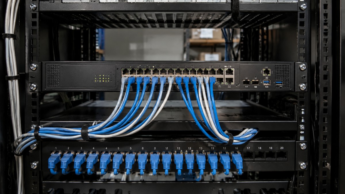 Rack-mounted PoE NVR with multiple camera cables connected in a commercial install