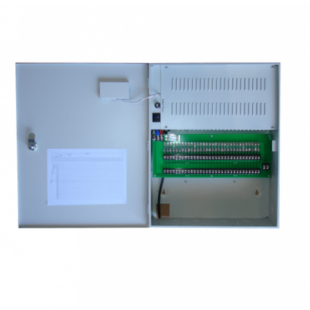 Rack-mounted CCTV power supply with fused output terminals and status LEDs