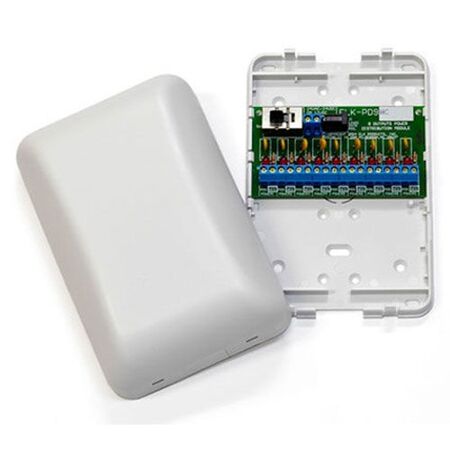 DIN-rail CCTV power distribution module wired with multiple fused output cables