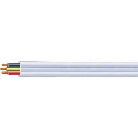 TPS Twin and Earth electrical cable coiled showing flat profile with brown active blue neutral and green-yellow earth conductors exposed at cut end