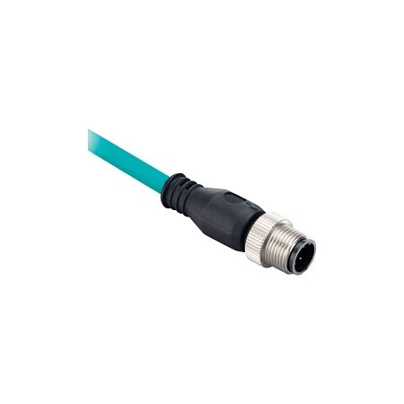 Grey M12 to RJ45 industrial ethernet cordset coiled in a control cabinet
