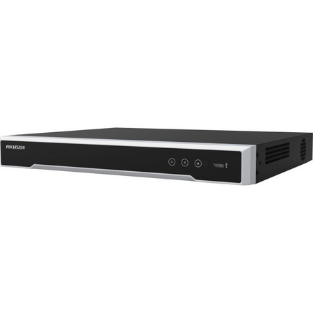 Rack-mounted PoE NVR with multiple camera cables connected in a commercial install