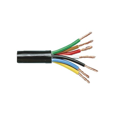 FLRYY 7 core trailer wire beside a 7-pin trailer plug on a workbench