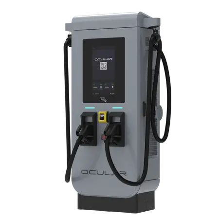 Commercial DC fast EV chargers installed at a fleet depot charging delivery vans