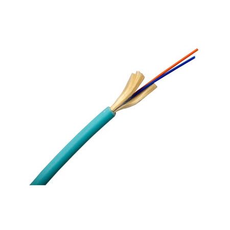 Aqua multimode and yellow singlemode fibre optic cable coils in a comms cabinet