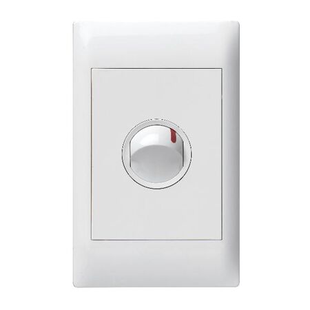 White switch mechanism installed in wall plate showing rocker and rear terminal wiring detail