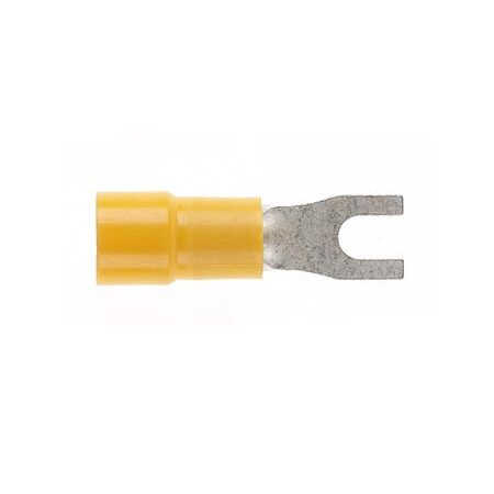 Red, blue and yellow insulated forked spade terminals arranged on a workbench, showing fork tips and colour-coded barrels