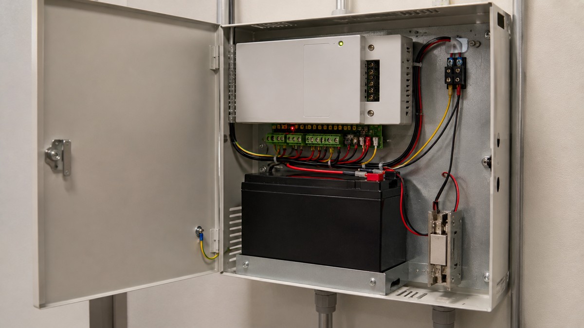 Access control power supply unit mounted in cabinet with battery backup and door strike wiring