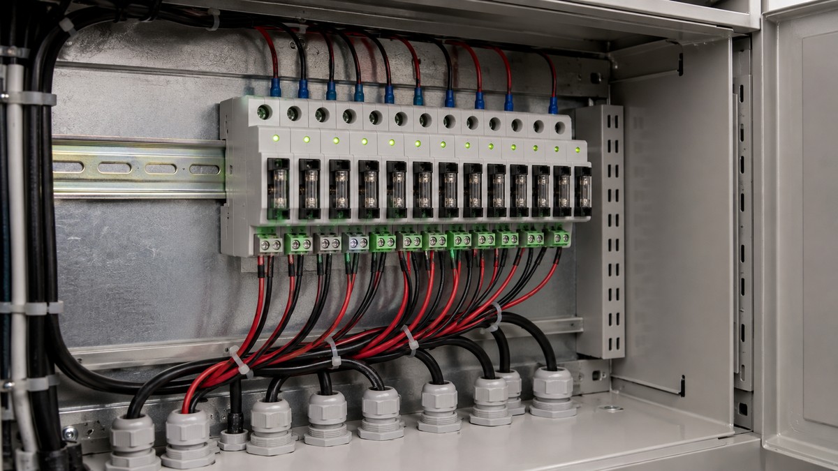 DIN-rail CCTV power distribution module wired with multiple fused output cables