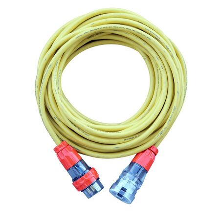 Heavy-duty 3-phase extension lead with 5-pin CEE plug on an industrial site