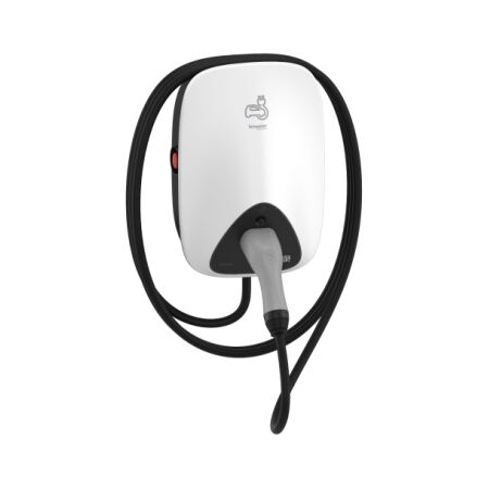 Wall-mounted three-phase AC EV charger in a home garage with cable connected to an electric vehicle