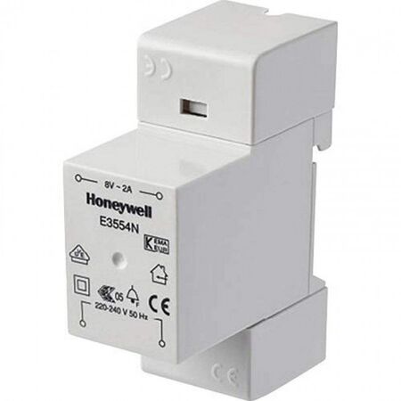 8V 2A DIN rail doorbell transformer mounted near a switchboard for chime wiring